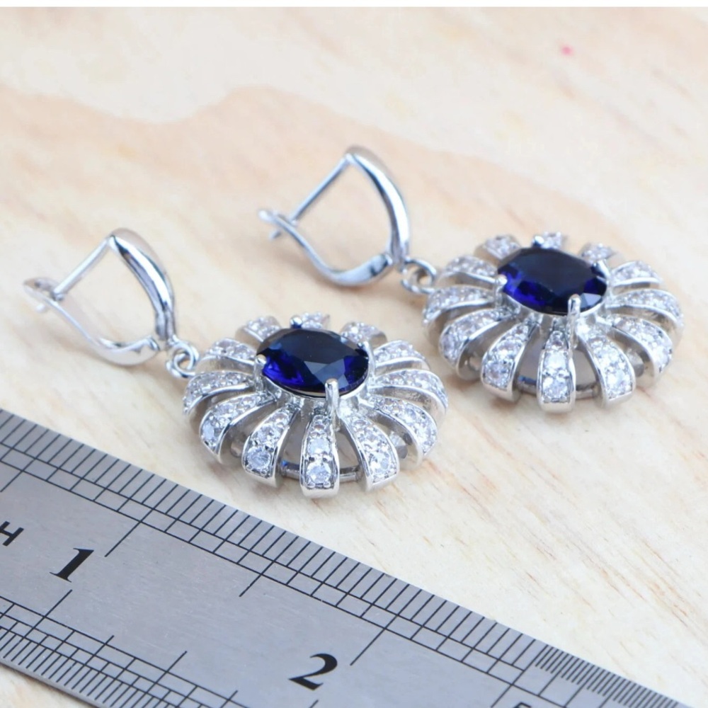 Stamped 925 Silver Flower CZ Blue Ring 7 Earrings Pendant Necklace Set - Picture 4 of 5